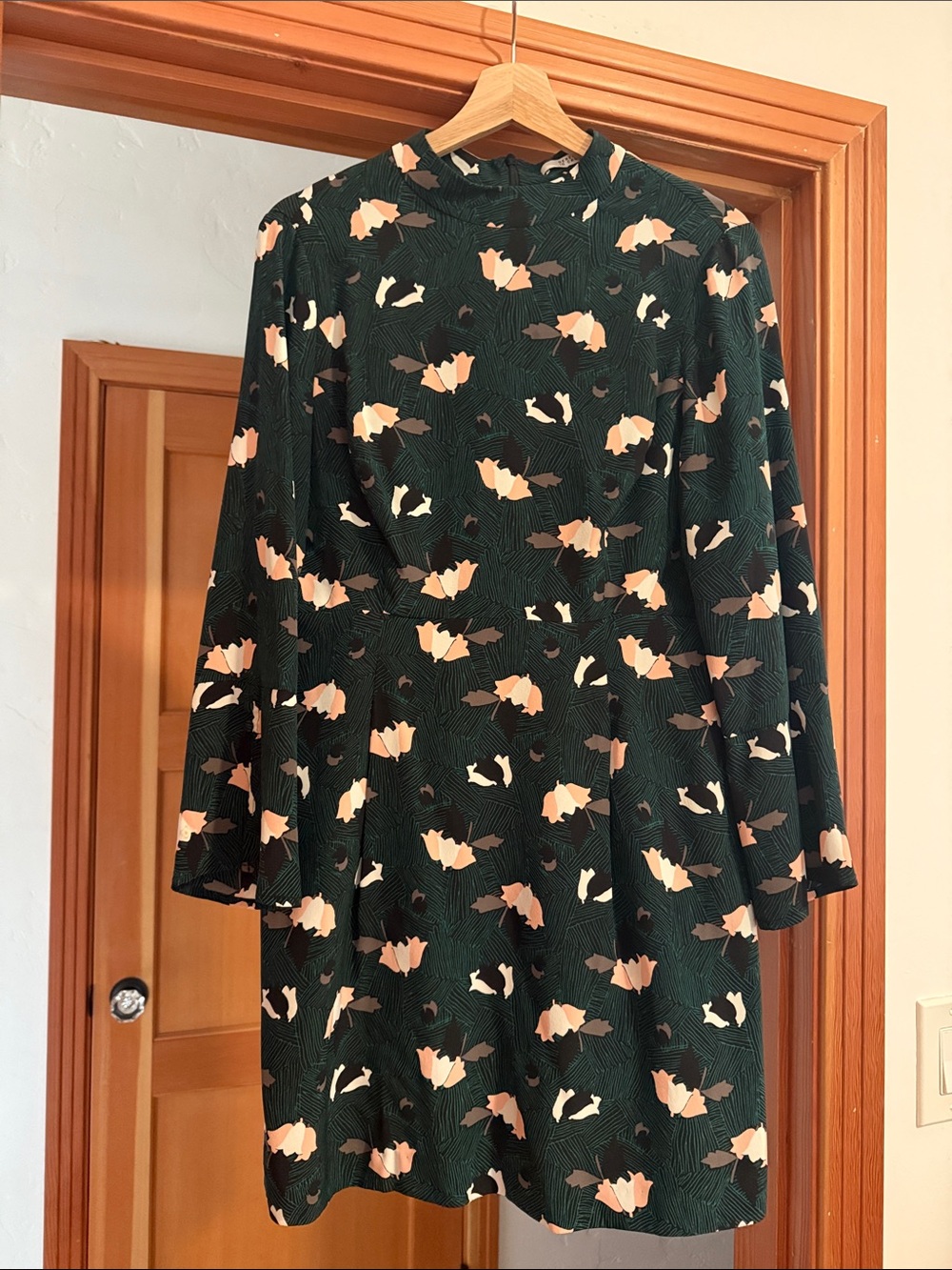 Dark Green Floral Long-Sleeve Fit & Flare Dress